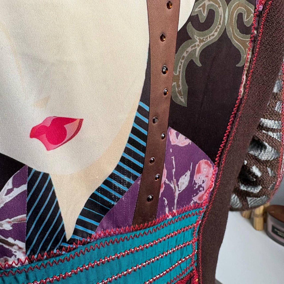 Desigual Patchwork Art Coat Geisha Portrait Print Jewel Button Statement Jacquard Coat Boho Maximalist Long Coat