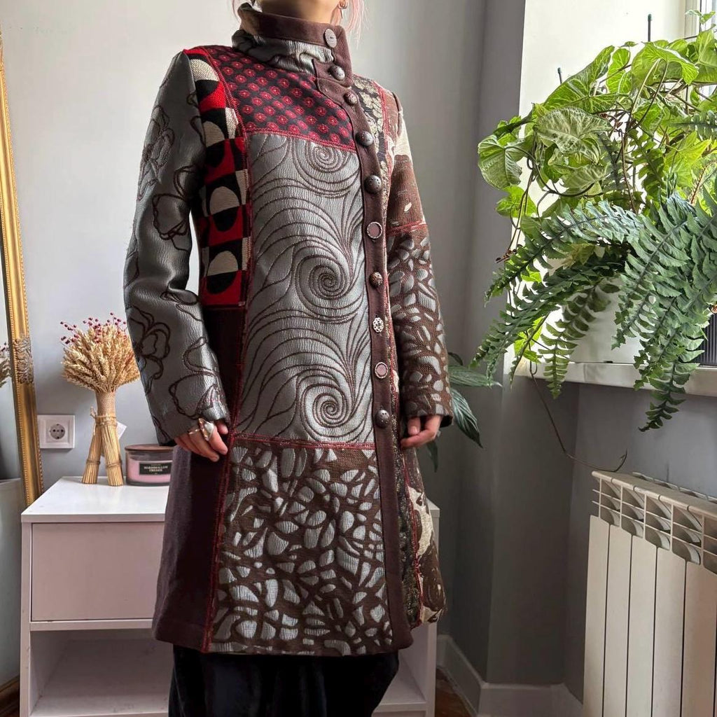 Desigual Patchwork Art Coat Geisha Portrait Print Jewel Button Statement Jacquard Coat Boho Maximalist Long Coat