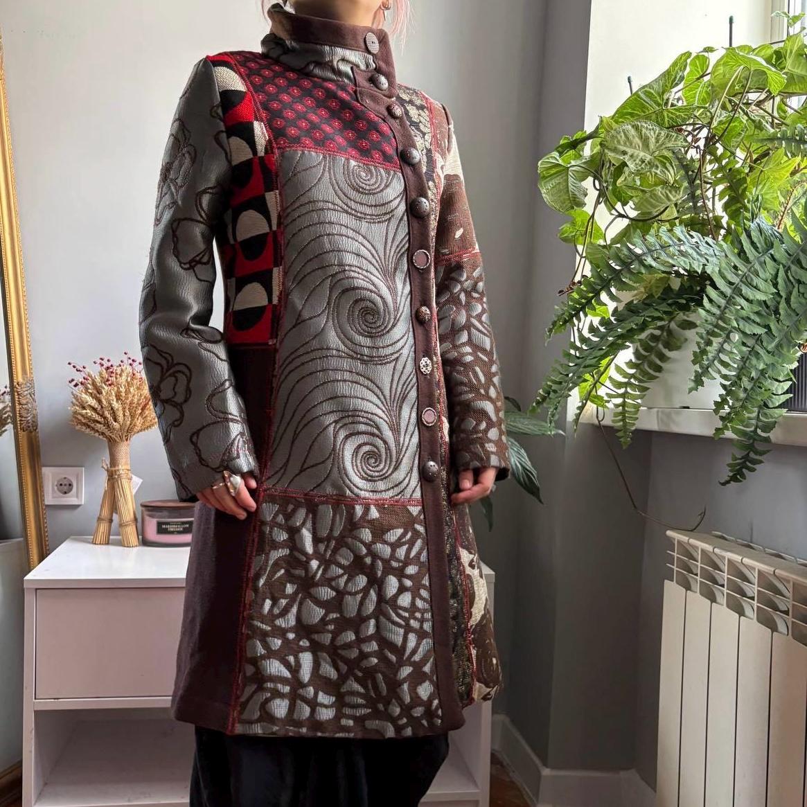 Desigual Patchwork Art Coat Geisha Portrait Print Jewel Button Statement Jacquard Coat Boho Maximalist Long Coat