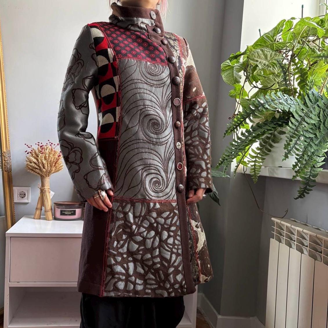 Desigual Patchwork Art Coat Geisha Portrait Print Jewel Button Statement Jacquard Coat Boho Maximalist Long Coat
