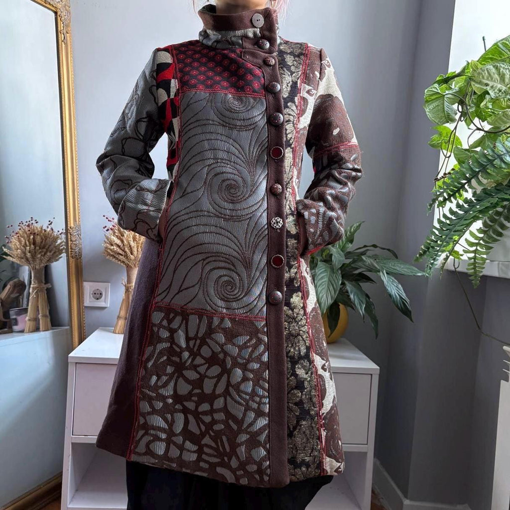 Desigual Patchwork Art Coat Geisha Portrait Print Jewel Button Statement Jacquard Coat Boho Maximalist Long Coat