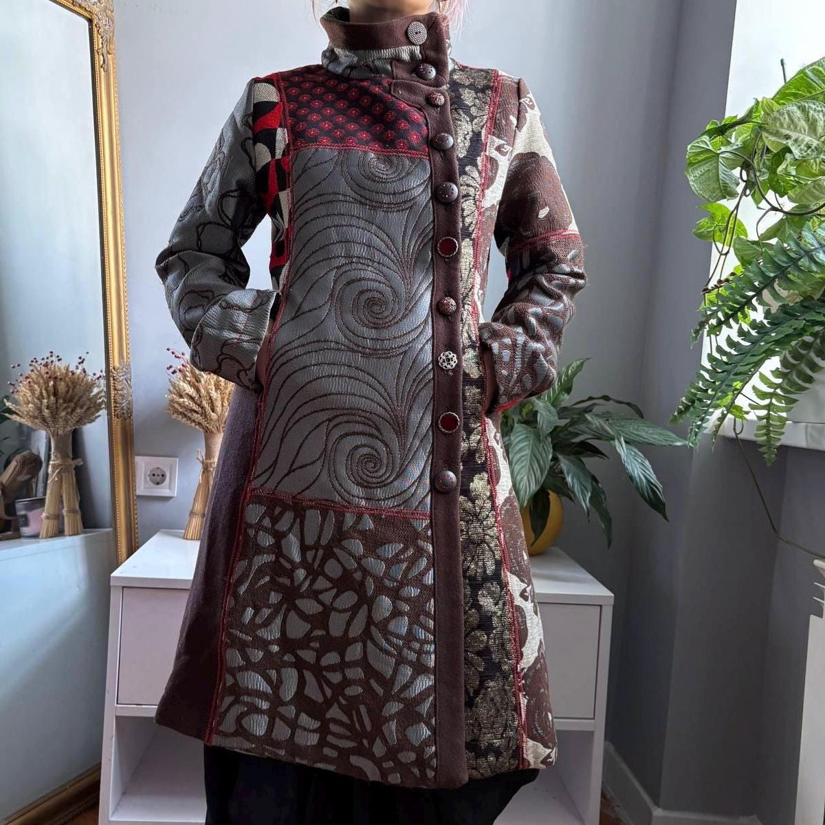 Desigual Patchwork Art Coat Geisha Portrait Print Jewel Button Statement Jacquard Coat Boho Maximalist Long Coat