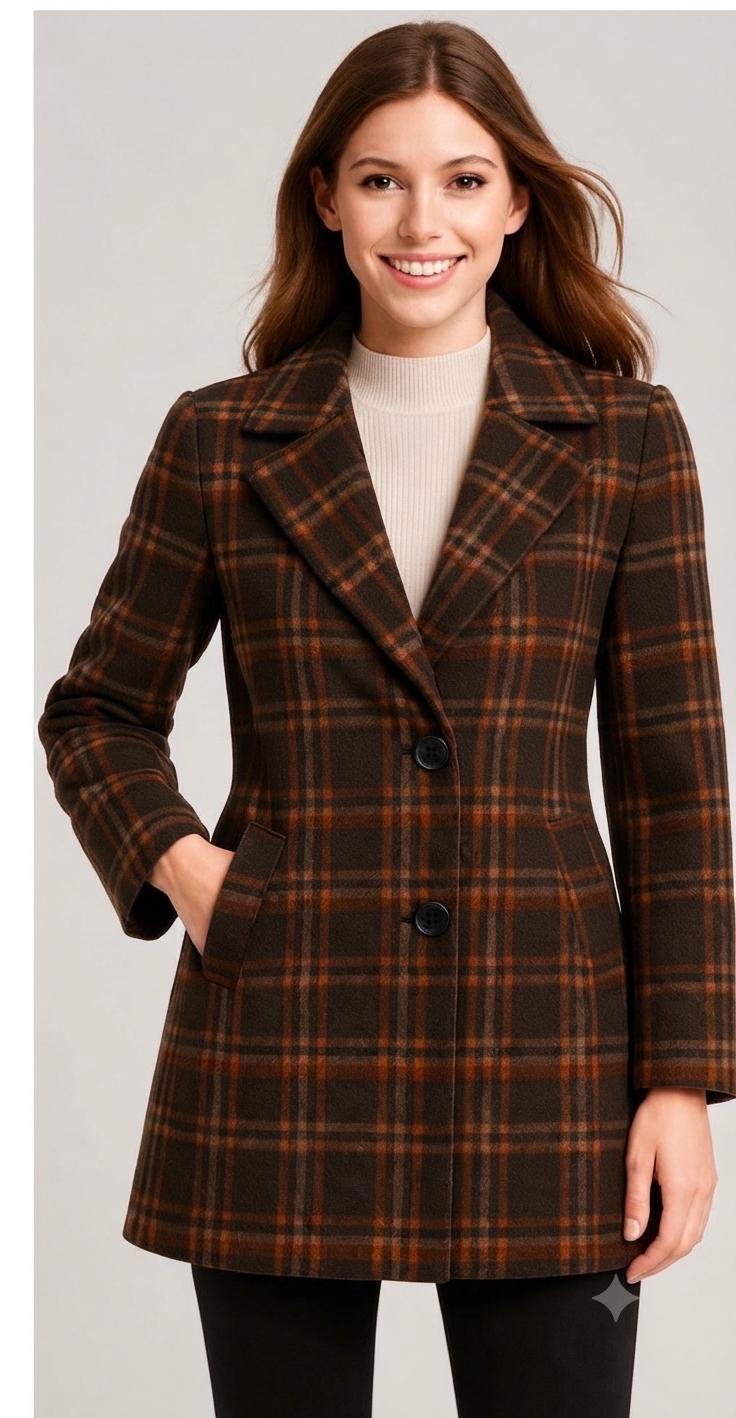 Women's Brown Plaid Wool Winter Coat, Single Breasted Notch Lapel Jacket, Elegant Office Workwear Trench Coat, Checked Winter Outerwear