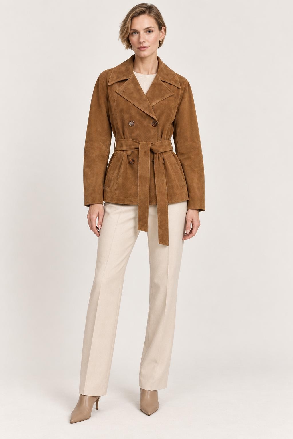 Handmade Goatskin Suede Belted Jacket - Women's Brown Winter Coat