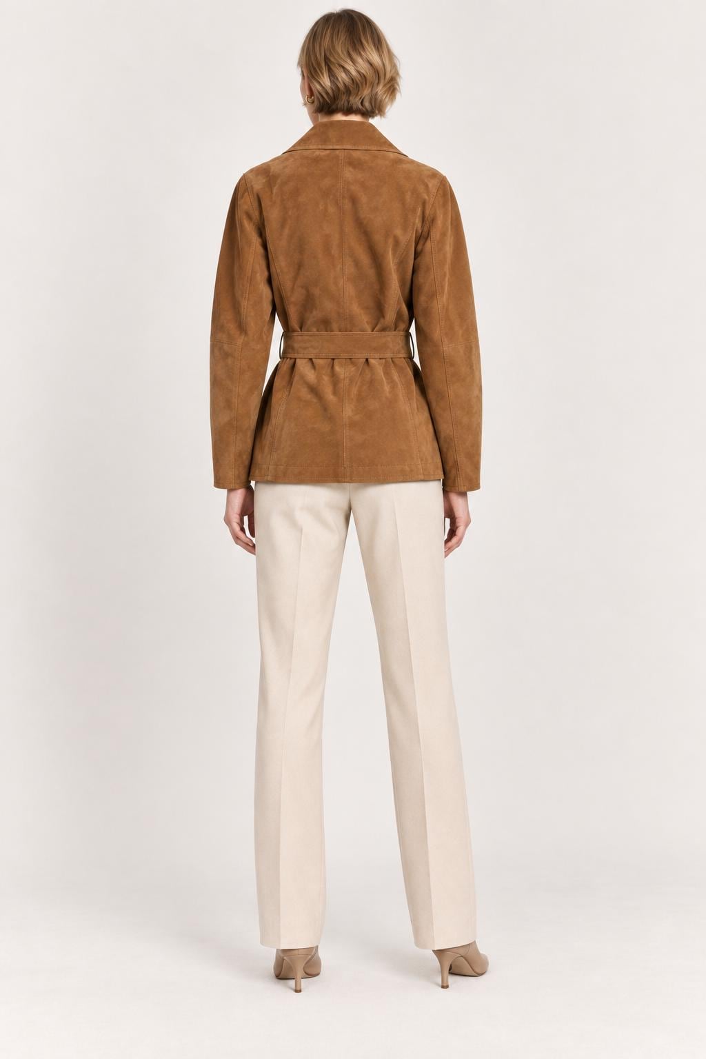 Handmade Goatskin Suede Belted Jacket - Women's Brown Winter Coat