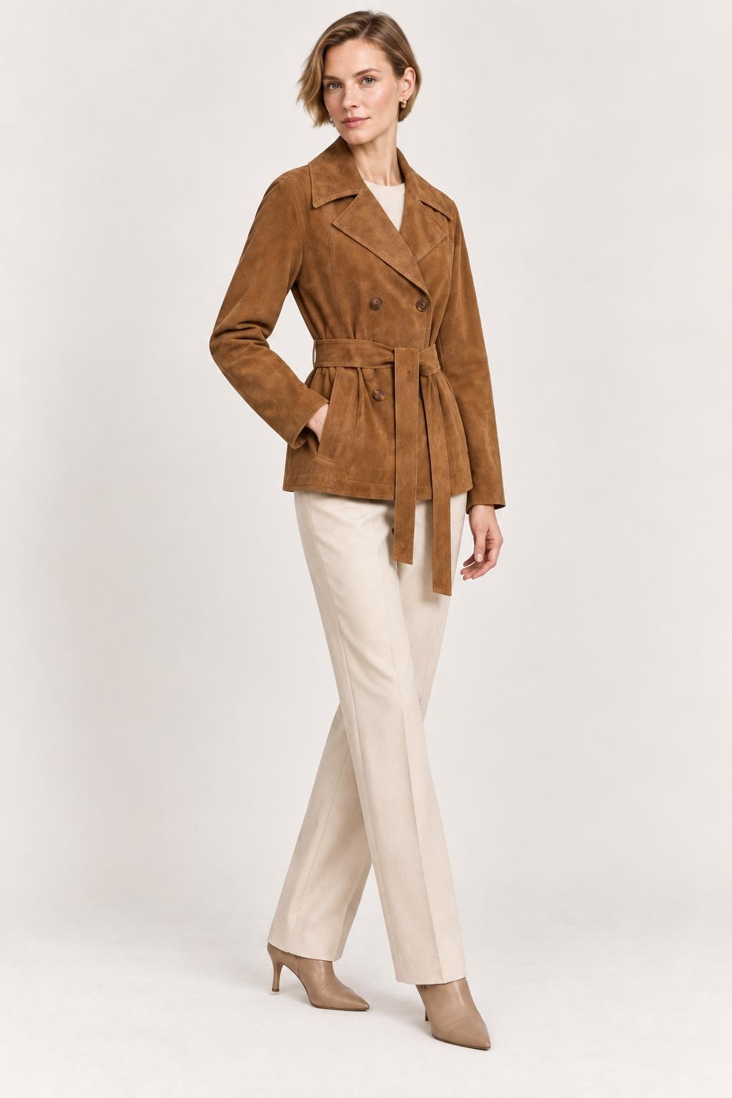 Handmade Goatskin Suede Belted Jacket - Women's Brown Winter Coat